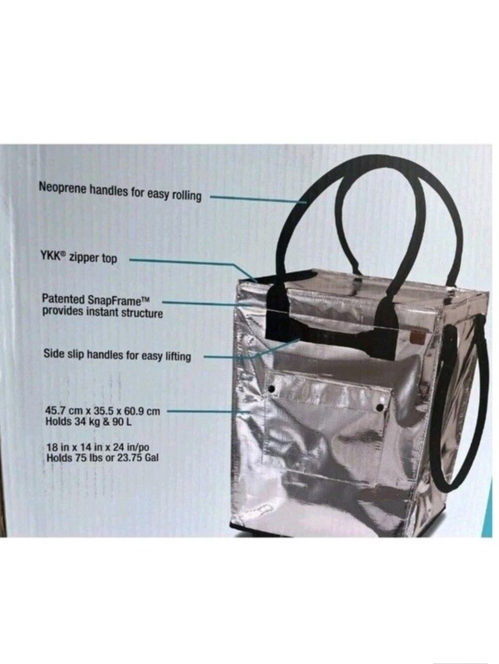 CleverMade Foldable Rolling Tote Bag 18"W x 24"H Soft Grip 90L 75lb Silver New - Picture 4 of 5